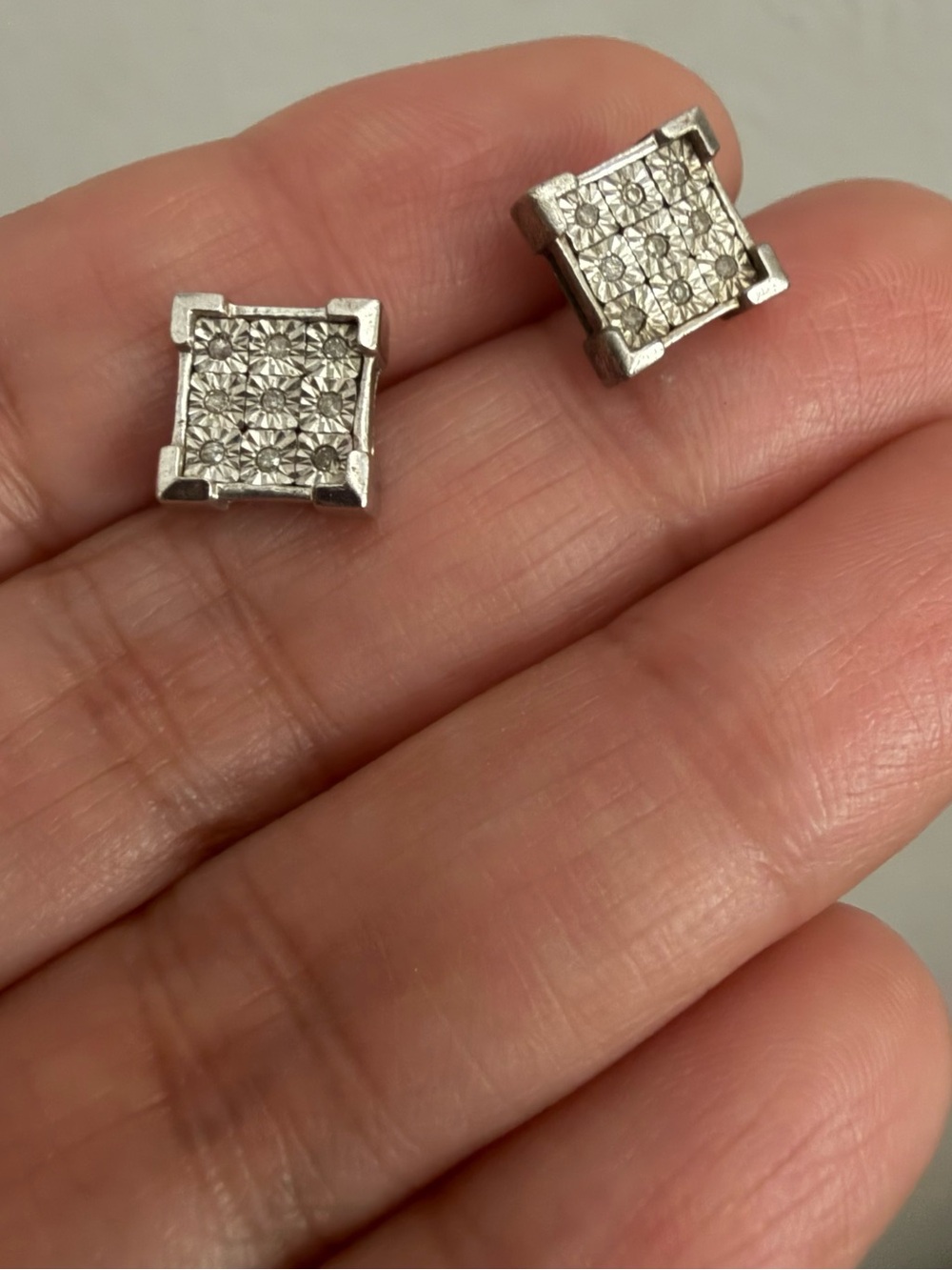 Sterling Silver Square Diamond Cluster Stud Earrings - Silver